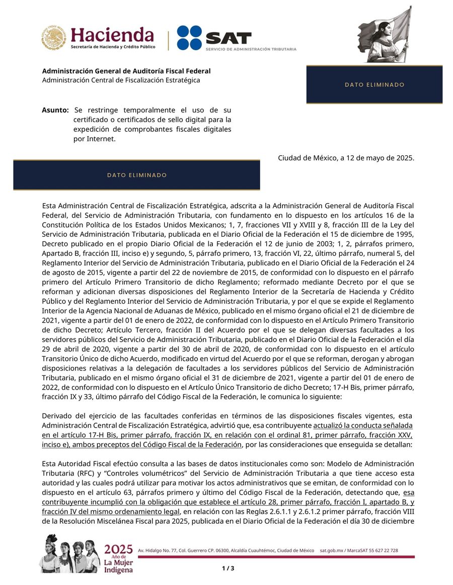 Oficio de restricción de CSD del SAT, página 1 de 3 — datos del contribuyente eliminados