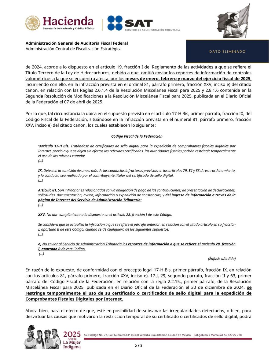 Oficio de restricción de CSD del SAT, página 2 de 3 — datos del contribuyente eliminados