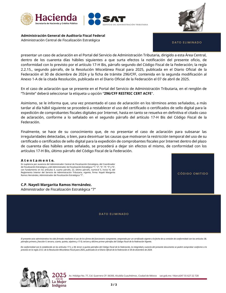 Oficio de restricción de CSD del SAT, página 3 de 3 — resolución y firma